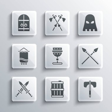 Tahta fıçı, ortaçağ baltası çapraz ortaçağ mızrakları, kadeh, kılıç, bayrak, kale kapısı ve cellat maskesi ikonu. Vektör