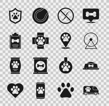 Veteriner ambulansı, evcil hayvan yemek kasesi, hamster çarkı, parazit önleyici, klinik, klinik kayıt hayvanı, hayvan sağlığı sigortası ve veterinerlik ikonu. Vektör