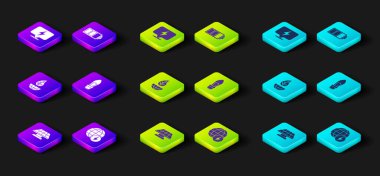 Güneş enerjisi paneli, küresel güç gezegeni, dünya küresi ve yaprağı, ampul, pil ve şimşek ikonu ayarla. Vektör