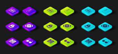 Okul binası, gözlük, sırt çantası, Amerikan futbolu, dolmakalem ucu ve tahta ikonu. Vektör