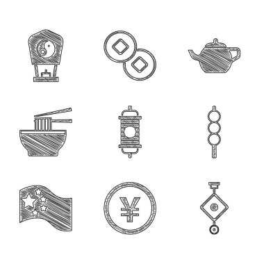 Çin kağıt feneri, Yuan parası, tahta çubukta köfte, Çin bayrağı, Asya erişte kasesi, çay seremonisi ve ikon. Vektör