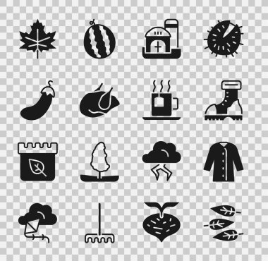 Yaprak ya da yaprak, yağmurluk, su geçirmez bot, çiftlik evi, kızarmış hindi tavuk, patlıcan ve çay poşeti ikonlu çay. Vektör