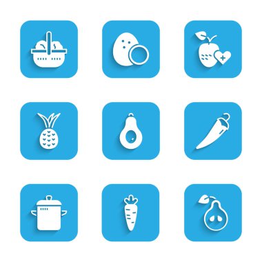 Avokado, Havuç, Armut, Acı biber, Pişirme kabı, Ananas, Sağlıklı meyve sepeti ve yiyecek ikonu. Vektör