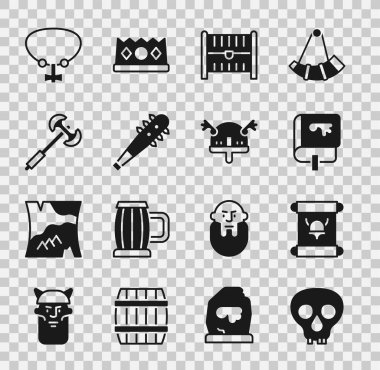 Skull, Decree, parşömen, parşömen, parşömen, Viking kitabı, antik hazine sandığı, dikenli topuz, ortaçağ kutup baltası, kolye mücevheri ve boynuzlu kask ikonu. Vektör