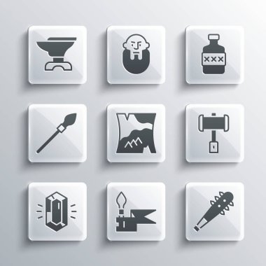 Ortaçağ mızrağı, dikenli topuz, çekiç, katlanmış harita, taş, demircilik için örs ve viski şişesi ikonu. Vektör