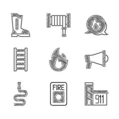 Yangın, alarm sistemi, itfaiye binası, megafon, hortum makarası, kaçış, acil durum çağrısı ve bot ikonu. Vektör