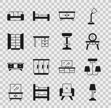 Döşeme lambası, avize, soyunma masası, mobilya sehpası, ofis masası, gardırop, kanepe ve sandalye ikonu. Vektör