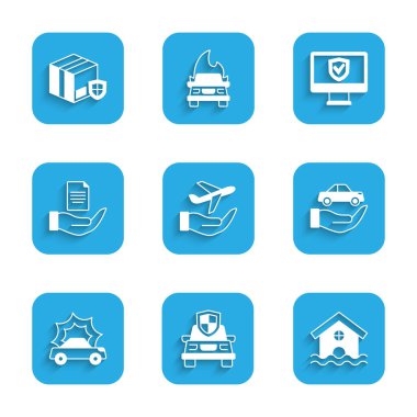 Uçak, araba sigortası, ev baskını, kaza, sözleşme, sigorta ve kalkan ikonu ile teslimat güvenliği ayarlayın. Vektör