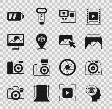 Fotoğraf makinesi, çerçeve, aşırı eylem, rötuş, pil ve simge için ayarlayın. Vektör