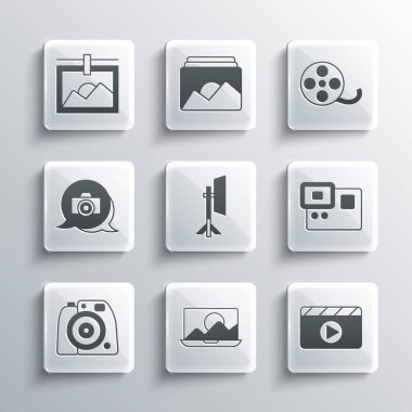 Fotoğraf rötuşlama, Film alkışlaması, Aksiyon ekstrem kamerası, Stüdyo ampul kutusu, çerçeve ve film makarası simgesini ayarlayın. Vektör