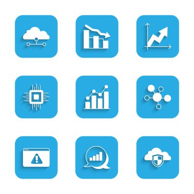 Pie grafik bilgisini, bulutu ve kalkanı, zihin haritasını, ünlem işaretli tarayıcıyı, işlemci işlemcisini, Finansal büyümeyi ve ağ bulut bağlantı simgesini ayarla. Vektör