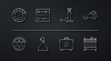 Hat tekerleği, Alloy, Otomobil kontrol otomobili, Alet kutusu, Vites kolu, ayarlar, radyatör soğutma sistemi ve hava pompası ikonu. Vektör