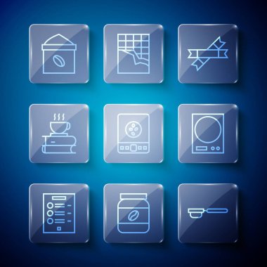 Sıra halinde kahve menüsü, kavanoz şişesi, filtre tutacağı, şeker çubuğu paketleri, elektronik kahve terazileri, kahve fincanı ve kitap, torba fasulyesi ve ikon. Vektör