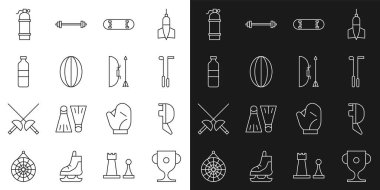 Set hattı ödül kupası, eskrim maskesi, golf sopası, kaykay numarası, rugby topu, su şişesi, Aqualung ve yay ve ok kılıfı ikonu. Vektör