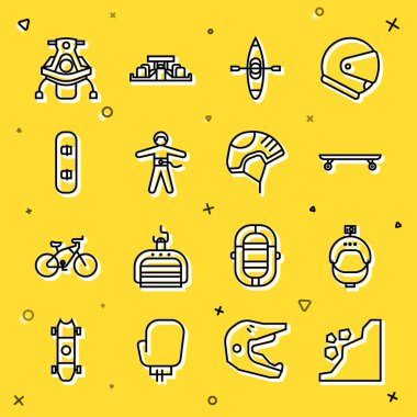 Set hattı Heyelan, Miğfer Aksiyon kamerası, Uzunkaykay veya kaykay, Kayak kanosu, Bungee jumping, Snowboard, Snowmobile ve ikon. Vektör