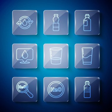 H2O 'nun kimyasal formülünü ayarla, bir şişe su, bir bardak su, su damlası konumu, temiz su ve simgeyi geri dönüştür. Vektör