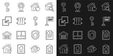 Ev sözleşmesi, kira kontratı, kalp şekli, ısıtma radyatörü, plan, anahtar ve ikon. Vektör