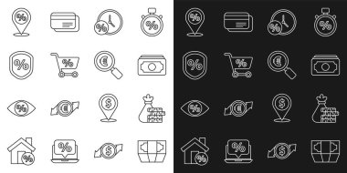 Hat Stacks kağıt para, para çantası ve bozuk para, saat, alışveriş arabası, kredi, indirimli konum ve büyüteç euro ikonu. Vektör