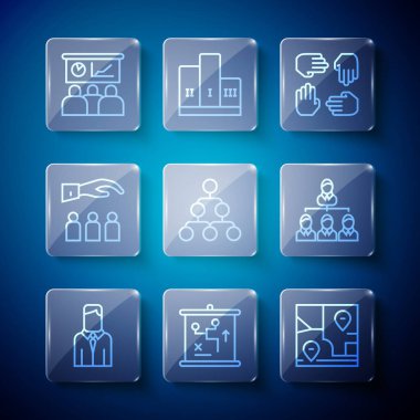 Çizgi İşçisi, Planlama Stratejisi Konsepti, Konumlu Katlanmış Harita, Proje Ekibi Üssü, Hiyerarşi organizasyon şeması, Patron çalışanı, Eğitim, Sunum ve Simge. Vektör