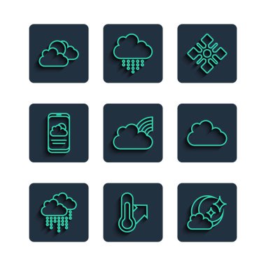 Çizgiyi yağmur, meteoroloji termometresi, ay, kar tanesi, gökkuşağı bulutu, hava tahmini, güneş ve hava durumu ve ikonu ile belirleyin. Vektör