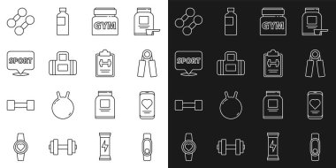 Çizgi Smartwatch, kalp atış hızı, spor açıcı, spor beslenmesi, çanta, konum spor salonu, Dumbbell ve eğitim programı ikonu. Vektör