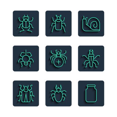 Kuyruk böceği, geyik, cam kavanoz, salyangoz, örümcek ve termit ikonu. Vektör