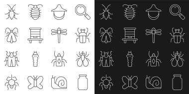 Cam kavanoz, böcek sineği, Kokuşmuş böcek, Beekeeper şapkası, Arılar için Kovan, Giysi Güvesi, Hamamböceği ve Dragonfly ikonu. Vektör
