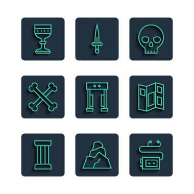 Kadim sütunu, kaya taşları, müze ses rehberi, insan kafatası, metal dedektör, çapraz insan kemikleri, Ortaçağ kadehi ve broşür simgesi. Vektör