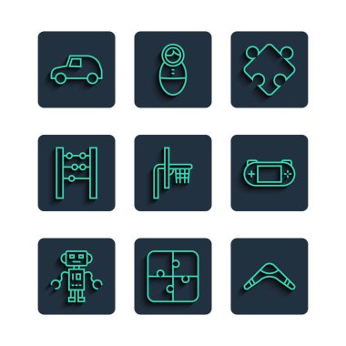 Robot oyuncakları, bulmaca parçaları, Bumerang, basketbol sedyesi, Abacus, oyuncak araba ve taşınabilir video oyun konsolu ikonu. Vektör