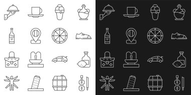 Keman, limoncello şişesi, erkek ayakkabısı, dondurma, lokasyon bayrağı İtalya, bir şişe şarap tepsi yemeği ve pizza ikonu ile kaplanmış. Vektör