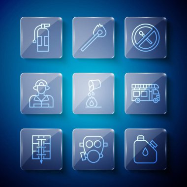 Hat tahliyesi planı, gaz maskesi, teneke yakıt, yangın söndürme yok, kova söndürme, itfaiyeci, yangın söndürme ve kamyon ikonu. Vektör