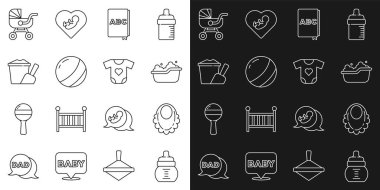 Sıra bebek şişesi, önlük, küvet, ABC kitap, plaj topu, kürek, bebek arabası ve giysi ikonu ile kovada kum. Vektör