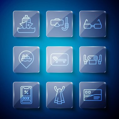 Line Cruise bileti, havlu askıda, kartpostal seyahati, gözlük, güneşlik ve şemsiye, yolcu gemisiyle yer ve poker masası ikonu. Vektör