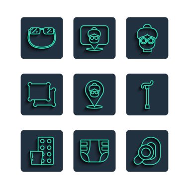 Sıraya dizilmiş haplar, yetişkin bezi, işitme cihazı, büyükanne, huzurevi, yastık, gözlük ve baston çubuk ikonu. Vektör