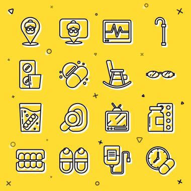 İlaç hapı ya da tablet, hap paketi, gözlük, kardiyogramlı monitör, huzurevi ve sallanan sandalye ikonu. Vektör