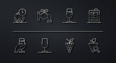 Şarap için ahşap fıçı, şarap tatma, degukasyon, karton kutu dolusu üzüm, cam, musluk, üzüm ve ikon. Vektör