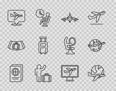 Hat Pasaportu, Uçan Uçak, Uçak, Turist bavulu, Bavul ve ikonu olan Dünya. Vektör