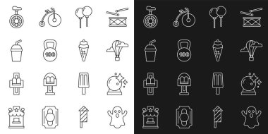 Hat Hayalet, Sihirli Top, Sıcak Hava Balonu, Kurdeleli Balonlar, Ağırlık, Kağıt Cam Su, Tek Tekerlekli Bisiklet veya Bir Tekerlekli Bisiklet ve Gözleme Konisi ikonunda Dondurma. Vektör