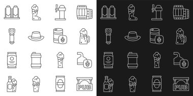 Bar, bira demleme süreci, tahta bira kupası, Dispenser, Oktoberfest şapkası, şişe açacağı ve metal fıçı ikonu ile sokak tabelasını ayarla. Vektör