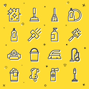 Elektrik süpürgesi, pencereler için lastik süpürge, süpürge, bulaşık deterjanı, temizlik servisi ve ikon. Vektör