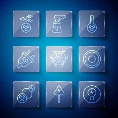 Radyoaktif değişim enerjisi, yüksek voltaj işareti, fikir kavramına sahip ampul, Meteoroloji termometresi, biyolojik tehlike sembolü, Radyasyon elektrik prizi ve güç düğmesi simgesi. Vektör