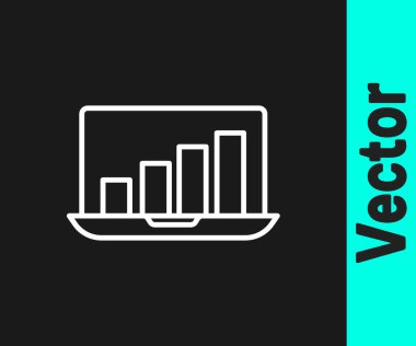 Siyah arkaplanda grafik grafik simgesi olan beyaz çizgi dizüstü bilgisayarı. Metin dosya simgesini rapor et. Muhasebe tabelası. Denetim, analiz, planlama. Vektör.