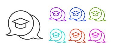 Black line Graduation cap in speech bubble icon isolated on white background. Graduation hat with tassel icon. Set icons colorful. Vector.