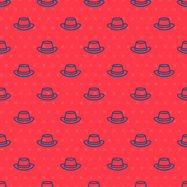 Mavi çizgi Oktoberfest şapka simgesi kırmızı arkaplanda kusursuz desen izole etti. Tüylü avcı şapkası. Alman şapkası. Vektör