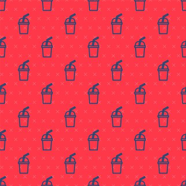 Mavi çizgi kağıt bardak, pipet ve su ikonu içerek kırmızı arka planda izole edilmiş, pürüzsüz desen. Soda bardağı. Taze soğuk içecek sembolü. Vektör