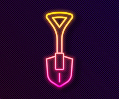 Parlayan neon hattı kürek simgesi siyah arkaplanda izole edildi. Bahçe aletleri. Bahçecilik, tarım, çiftçilik aleti. Vektör