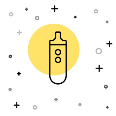 Siyah çizgi Elektronik sigara ikonu beyaz arkaplanda izole edilmiş. Tüttürme aleti. Buharlaştırıcı Cihaz. Rastgele dinamik şekiller. Vektör