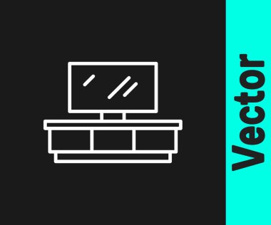 Beyaz çizgi televizyon masası simgesi siyah arkaplanda izole edildi. Vektör