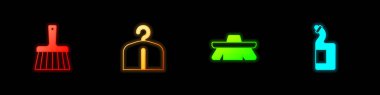 Süpürge sapını, elbise dolabını temizleme fırçasını ve bulaşık deterjanı ikonunu hazırla. Vektör
