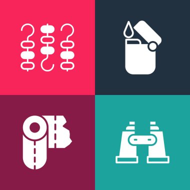 Pop sanat dürbünü, kağıt havlu rulosu, hafif ve ızgara şiş kebabı şiş ikona koyun. Vektör